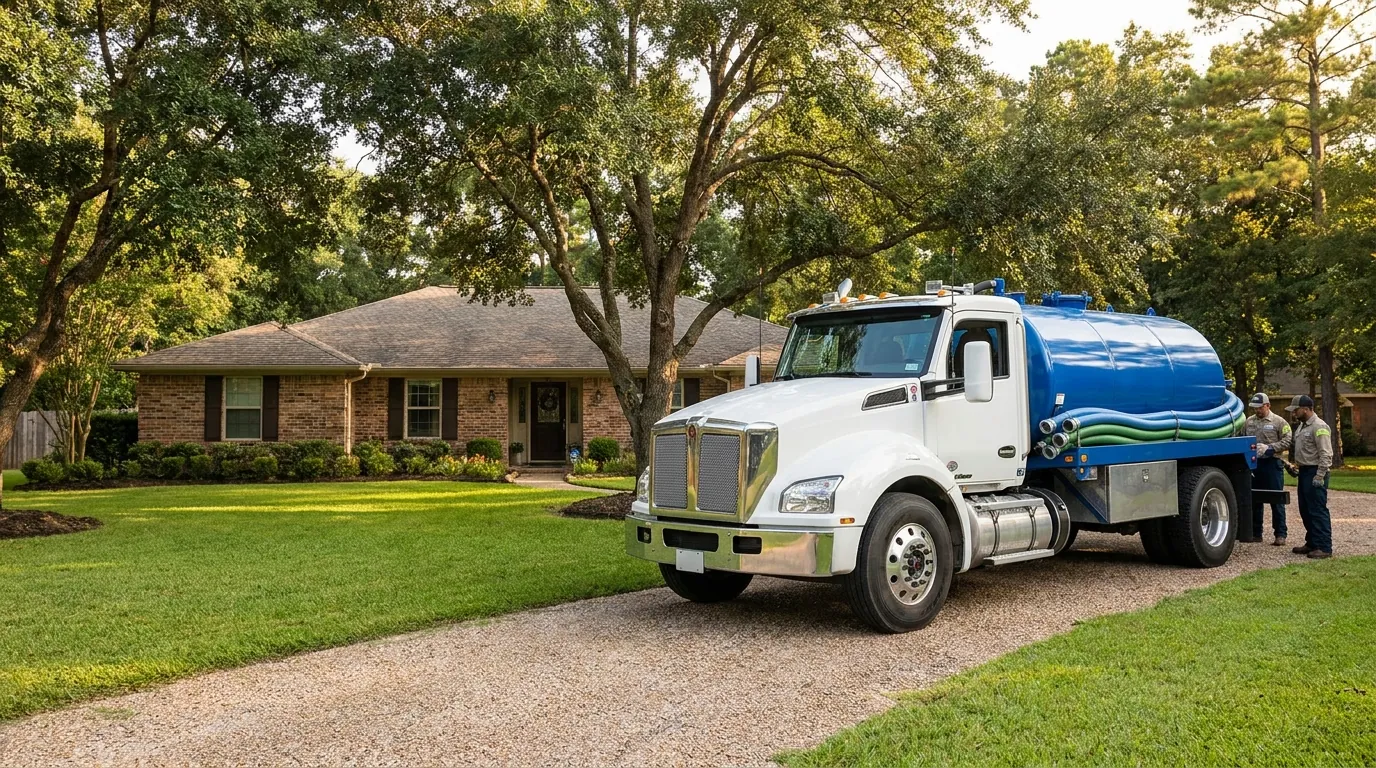 Septic service truck parked outside a Conroe home