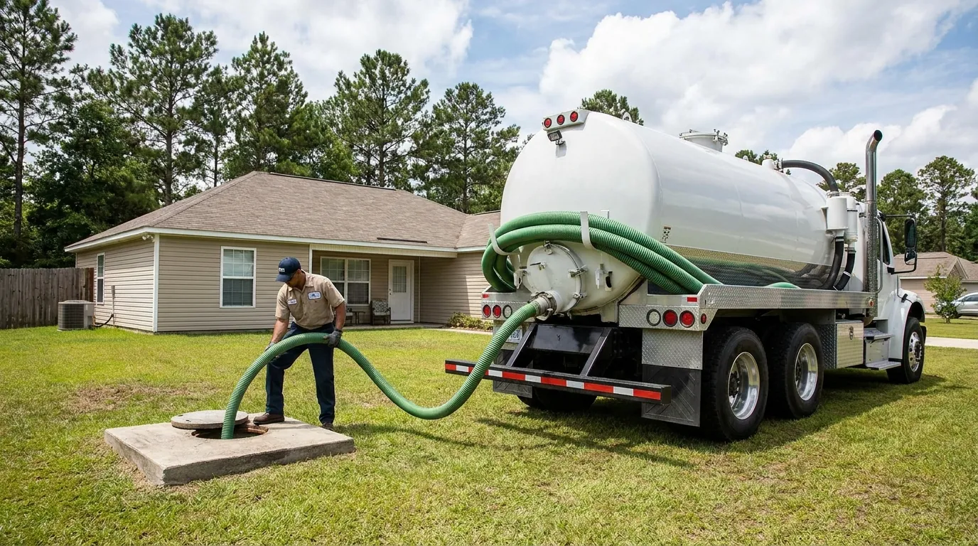 Technician pumping a residential septic tank in Conroe